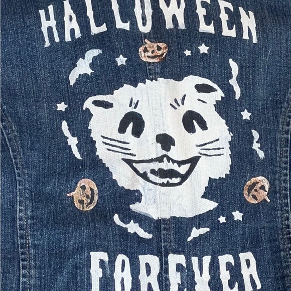 Rare Halloween Forever Chaps blue jean denim jacket costume cat wow Large - Picture 3 of 9